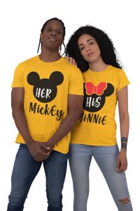 Her Mickey His Minnie Print Text YellowPrinted T-Shirts