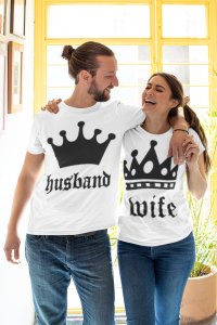 Fit Husband and Wife, Crown-Couple Printed White T-Shirts