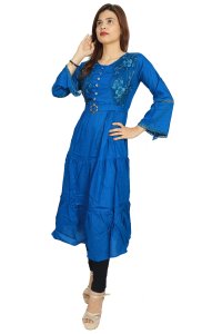 Blue flower embroided straight Kurti for Womens/ girls (Blue)- Made up of Rayon and designed for you plesant and comfy