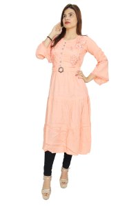 Orange flowers embroided with 7 buttons straight Kurti for Womens/ girls (Peach Colour Kurti) - Made up of Rayon and designed for you plesant and comfy