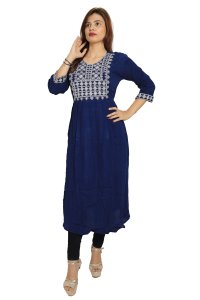 Flower and pearl embroided straight kurti for womens / girls (Dark Blue) - Made up of Rayon and designed for you plesant and comfy