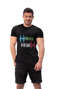 The Gym Is My Life, (BG Blue and Red), Round Neck Gym Tshirt (Black Tshirt) - Clothes for Gym Lovers - Suitable for Gym Going Person - Foremost Gifting Material for Your Friends and Close Ones