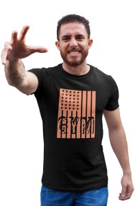 Gym Written in Front of a Flag,(BG Orange), Round Neck Gym Tshirt (Black Tshirt) - Clothes for Gym Lovers - Suitable for Gym Going Person - Foremost Gifting Material for Your Friends and Close Ones