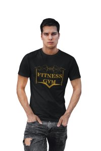 Fitness Gym, (BG Golden), Round Neck Gym Tshirt (Black Tshirt) - Clothes for Gym Lovers - Suitable for Gym Going Person - Foremost Gifting Material for Your Friends and Close Ones