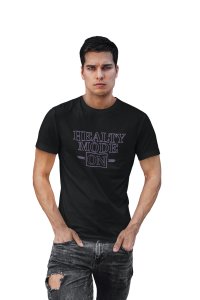 Healthy Mode On, (BG Violet), On Round Neck Gym Tshirt (Black Tshirt) - Clothes for Gym Lovers - Suitable for Gym Going Person - Foremost Gifting Material for Your Friends and Close Ones