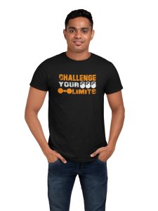 Challenge Your Limits, (BG Orange and White), Round Neck Gym Tshirt (White Tshirt) - Clothes for Gym Lovers - Suitable for Gym Going Person - Foremost Gifting Material for Your Friends and Close Ones