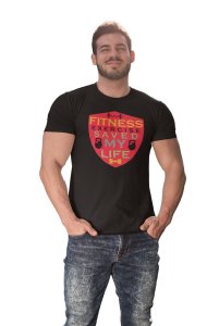 Fitness, Exercise Saved My Life, (BG Red Shield), Round Neck Gym Tshirt (White Tshirt) - Clothes for Gym Lovers - Suitable for Gym Going Person - Foremost Gifting Material for Your Friends and Close Ones