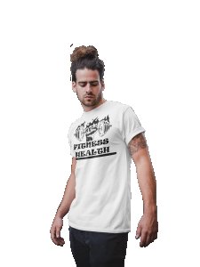 Fitness Health, Fist In Fire (BG Black), Round Neck Gym Tshirt (White Tshirt) - Clothes for Gym Lovers - Suitable for Gym Going Person - Foremost Gifting Material for Your Friends and Close Ones