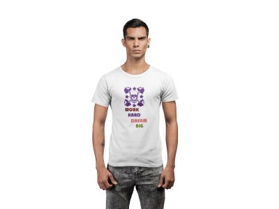 Work Hard, Dream Big, (BG Violet Skull), Round Neck Gym Tshirt (White Tshirt) - Clothes for Gym Lovers - Suitable for Gym Going Person - Foremost Gifting Material for Your Friends and Close Ones