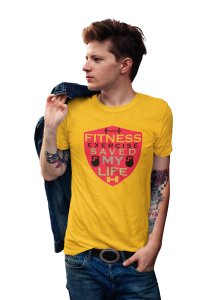Fitness Exercise Saved My Life (BG Shield) Round Neck Gym Tshirt (Yellow Tshirt) - Foremost Gifting Material for Your Friends and Close Ones