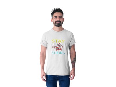 Stay Strong, (BG Yellow and White), Round Neck Gym Tshirt (White Tshirt) - Clothes for Gym Lovers - Foremost Gifting Material for Your Friends and Close Ones