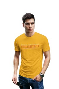 Heath and Fitness, Unlimited, No Pain, No Gain Round Neck Gym Tshirt (Yellow Tshirt) - Clothes for Gym Lovers - Suitable for Gym Going Person - Foremost Gifting Material for Your Friends and Close Ones