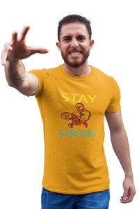 Stay Strong, (BG Yellow and Blue), Round Neck Gym Tshirt (Yellow Tshirt) - Clothes for Gym Lovers - Suitable for Gym Going Person - Foremost Gifting Material for Your Friends and Close Ones