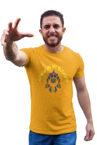 Gym In My Blood, Muscle Man- Blue, Round Neck Gym Tshirt (Yellow Tshirt) - Clothes for Gym Lovers - Suitable for Gym Going Person - Foremost Gifting Material for Your Friends and Close Ones