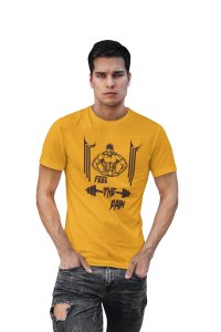 Feel The Pain, Curved Lines Round Neck Gym Tshirt (Black) (Yellow Tshirt) - Clothes for Gym Lovers - Suitable for Gym Going Person - Foremost Gifting Material for Your Friends and Close Ones