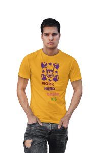 Work Hard, Dream Big, (BG Purple Skull), Round Neck Gym Tshirt (Yellow Tshirt) - Clothes for Gym Lovers - Suitable for Gym Going Person - Foremost Gifting Material for Your Friends and Close Ones