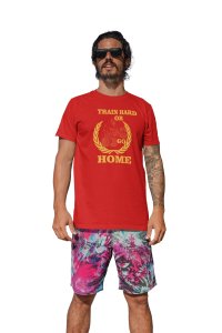 Train Hard or Go Home Round Neck Gym Tshirt (BG Golden and Red) (Red Tshirt) - Clothes for Gym Lovers - Suitable for Gym Going Person - Foremost Gifting Material for Your Friends and Close Ones
