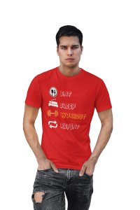 Eat, Sleep, Workout, Repeat, (BG White and Yellow), Round Neck Gym Tshirt (Red Tshirt) - Clothes for Gym Lovers - Foremost Gifting Material for Your Friends and Close Ones