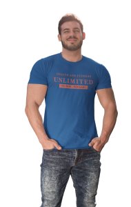 Heath and Fitness, Unlimited, No Pain, No Gain Round Neck Gym Tshirt (BG Light Brown) (Blue Tshirt) - Clothes for Gym Lovers - Suitable for Gym Going Person - Foremost Gifting Material for Your Friends and Close Ones