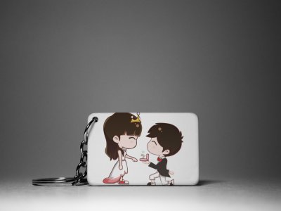 Cute Animation Boy Purposing Girl-White -Valentine's Special Keychains(Pack Of 2)