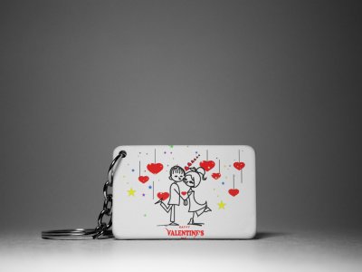 Happy Valentine's Day-Kissing Couple (BG Falling Hearts )-White -Valentine's Special Keychains(Pack Of 2)