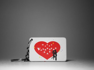 Happy Valentine's Day Text In Red Heart-Standing Couple -White -Valentine's Special Keychains(Pack Of 2)