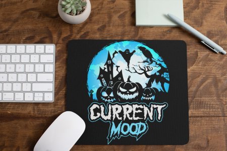 Current Mood -Haunted House With Ghosts And Scarry Pumpkin-Black-Halloween Theme Mousepad