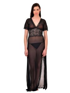 N-Gal Women's V-Neck Splicing Lace Nighty Night Dress Nightwear with G-String_Black