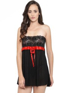 N-Gal Women's Polyester Spandex Strapless Sheer Babydoll Night Dress with G-String_Black