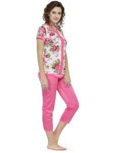 N-Gal Women's Satin Short Sleeves Floral Print Top Pyjama Set Nightwear Nightsuit_Pink