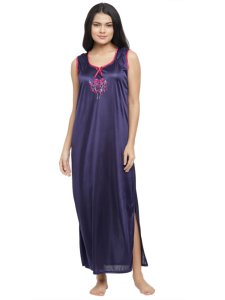 N-Gal Women's Satin Floral Pattern Embroidered Royal Long Nighty Gown with Robe Lingerie 2 Pcs Nightwear Set, NavyBlue