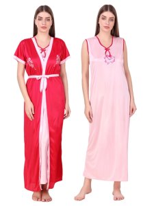 N-Gal Women's Satin Floral Pattern Embroidered Royal Long Nighty Gown with Robe Lingerie 2 Pcs Nightwear Set, Red