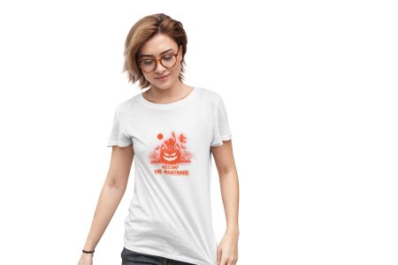 Welcome the Nightmare (BG Red)- Printed Tees for Women's -designed for Halloween