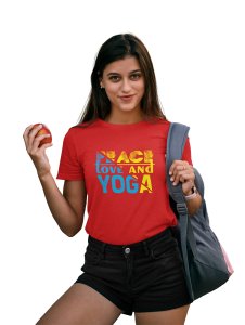 Peace, Love And Yoga Text In Blue And Yellow -Red-Clothes for Yoga Lovers- Red - Suitable For Regular Yoga Going People - Foremost Gifting Material for Your Friends