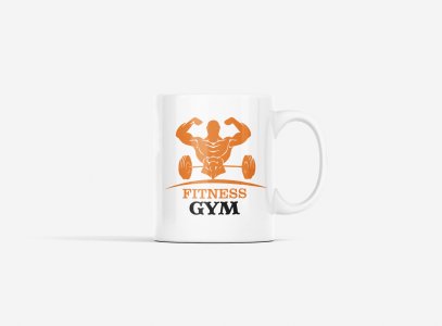 Fitness Gym, (BG Orange) - gym themed printed ceramic white coffee and tea mugs/ cups for gym lovers