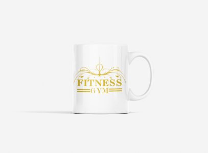 Fitness Gym, 2 Dashes (BG Golden) - gym themed printed ceramic white coffee and tea mugs/ cups for gym lovers
