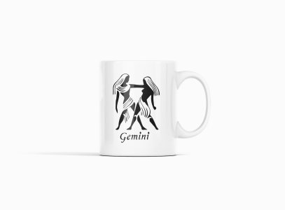 Gemini symbol (BG Black)- zodiac themed printed ceramic white coffee and tea mugs/ cups for astrology lovers