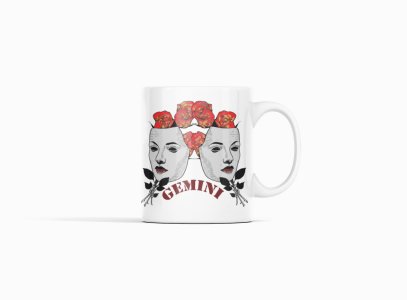 Gemini, roses on heads- zodiac themed printed ceramic white coffee and tea mugs/ cups for astrology lovers