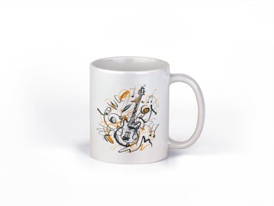 Guitar Illustration- music themed printed ceramic white coffee and tea mugs/ cups for music lovers