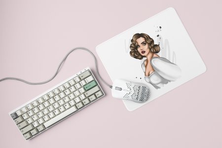 White dress woman - Printed animated creature Mousepads