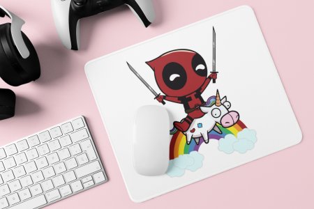 Deadpool sitting on unicorn - Printed animated Mousepad for animation lovers
