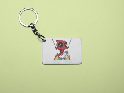 Deadpool sitting on unicorn - Printed acrylic animated Keychain(Pack Of 2)