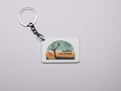 Happy Halloween Black text -Pumpkin And Trees -Printed Acrylic Keychains(Pack Of 2)