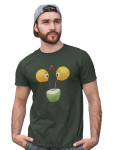 Loveable Emoji Couple Drinking Coconut Water Printed T-shirt (Green) - Clothes for Emoji Lovers -Foremost Gifting Material for Your Friends and Close Ones