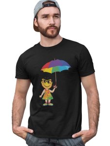 A Young Emoji Girl with Umbrella Printed T-shirt - Clothes for Emoji Lovers - Suitable for Fun Events - Foremost Gifting Material for Your Friends and Close Ones
