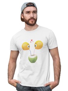 Loveable Emoji Couple Drinking Coconut Water Printed T-shirt (White) - Clothes for Emoji Lovers -Foremost Gifting Material for Your Friends and Close Ones