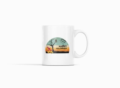 Happy Halloween Black text -Pumpkin And Trees -Halloween Themed Printed Coffee Mugs