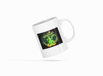 A Man's Shadow Is Sitting In front Of Om Symbol, (BG Green) - Printed Coffee Mugs For Yoga Lovers