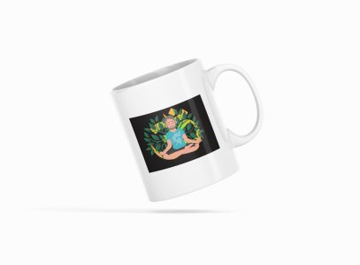 A Young Man - Cartoon - Sitting In Front Of Om Symbol, (BG Green And Yellow) - Printed Coffee Mugs For Yoga Lovers
