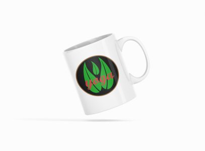 Yoga Text Written Over 3 Leaves, ( BG Green) - Printed Coffee Mugs For Yoga Lovers